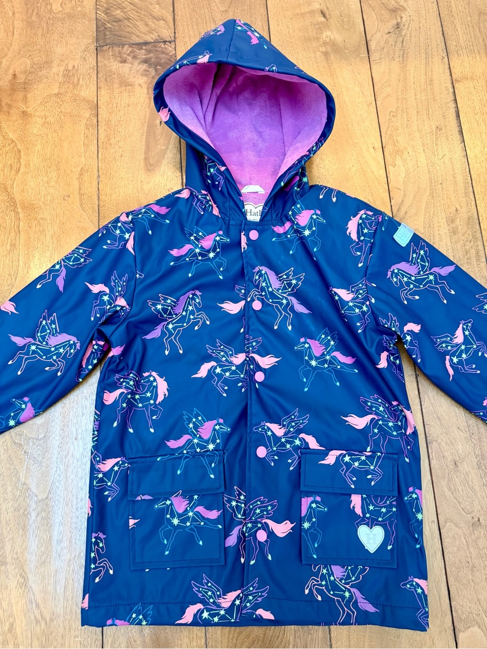 Hatley Girls Size 8 Pegasus Color Changing Terry Lined Raincoat Navy